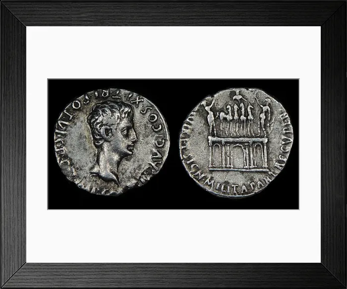 Framed Print : Denarius of Augustus. Obverse: Head of Augustus. Reverse: quadriga on... 18th-16th cen. BC. Creator: Numismatic, Ancient Coins Framed Print : Denarius of Augustus. Obverse: Head of Augustus. Reverse: quadriga on... 18th-16th cen. BC. Creator: Numismatic, Ancient Coins
