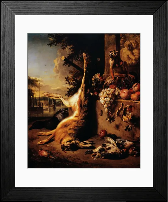 Framed Print : Dead game, monkey and fruit in front of a landscape, 1709. Creator: Jan Weenix Framed Print : Dead game, monkey and fruit in front of a landscape, 1709. Creator: Jan Weenix