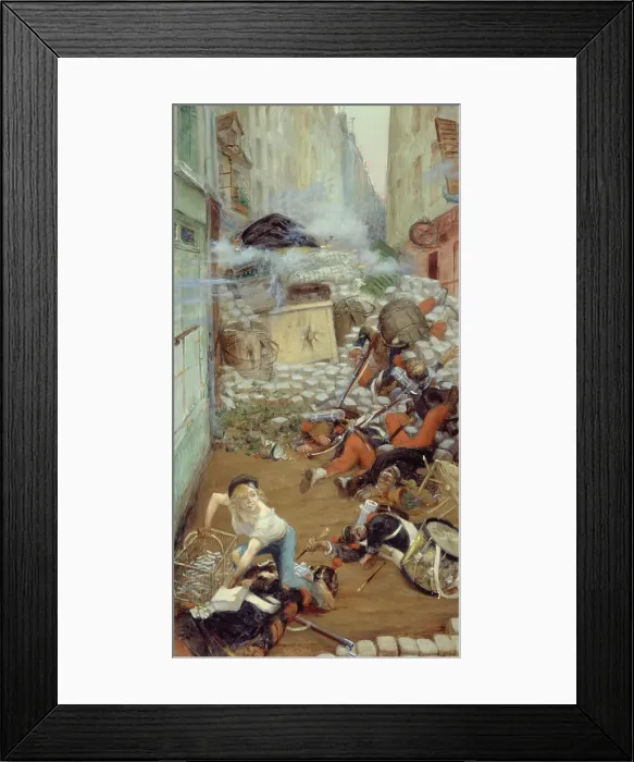 Framed Print : Newsboy picking up bullets for the barricade, between 1903 and 1905. Creator: Adolphe Willette Framed Print : Newsboy picking up bullets for the barricade, between 1903 and 1905. Creator: Adolphe Willette