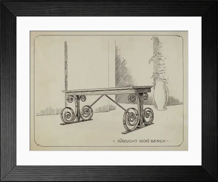Framed Print : Wrought Iron Garden Bench, c. 1936. Creator: Al Curry Framed Print : Wrought Iron Garden Bench, c. 1936. Creator: Al Curry