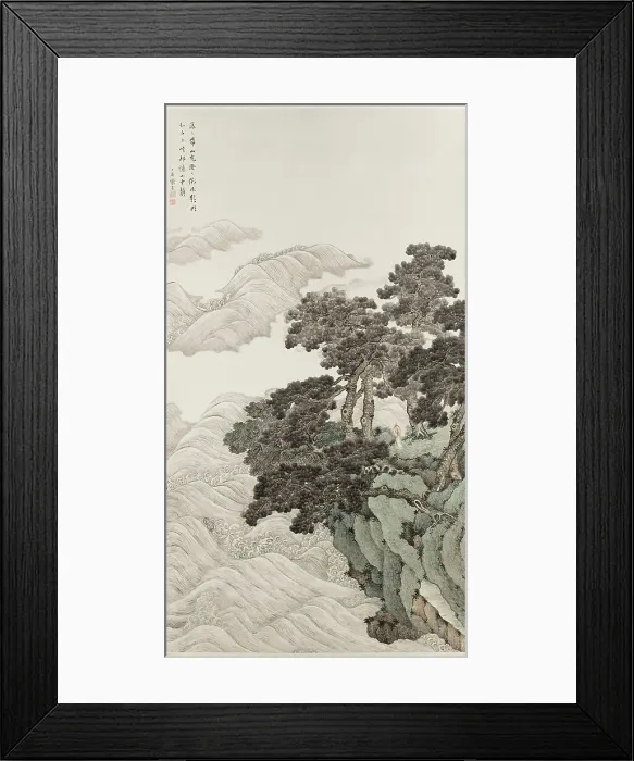 Framed Print : Solitary person under pines contemplating waves, 1820. Creator: Zhang Yin Framed Print : Solitary person under pines contemplating waves, 1820. Creator: Zhang Yin