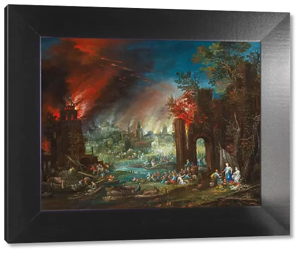 Lot and his Daughters, with the burning town of Sodom in the background, End of 17th-Early 18th cen. Creator: Hartmann, Johann Jacob (ca 1658-ca 1736)