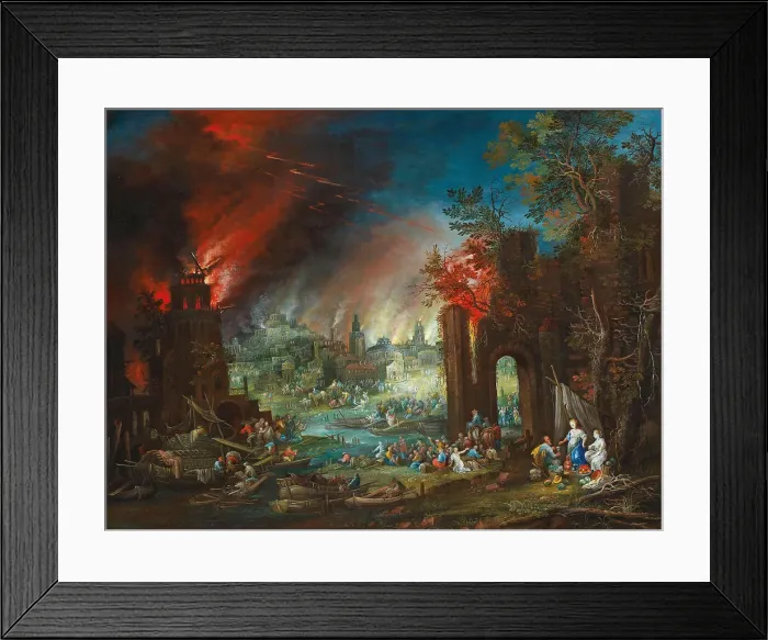 Framed Print : Lot and his Daughters, with the burning town of Sodom in the background, End of 17th-Early 18th cen. Creator: Hartmann, Johann Jacob (ca 1658-ca 1736) Framed Print : Lot and his Daughters, with the burning town of Sodom in the background, End of 17th-Early 18th cen. Creator: Hartmann, Johann Jacob (ca 1658-ca 1736)