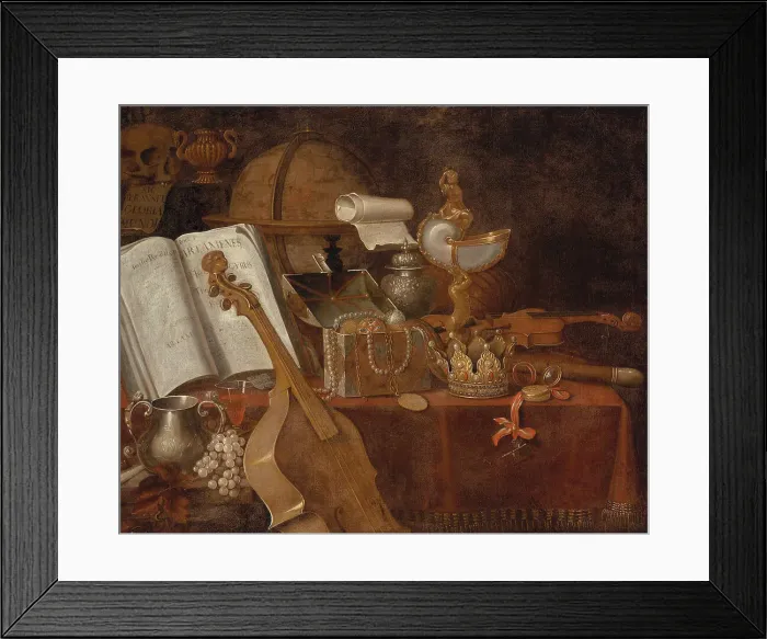 Framed Print : A vanitas still life with an open book, a globe, a nautilus goblet, a violin and precious objects, Creator: Collier, Edwaert (1642-1708) Framed Print : A vanitas still life with an open book, a globe, a nautilus goblet, a violin and precious objects, Creator: Collier, Edwaert (1642-1708)