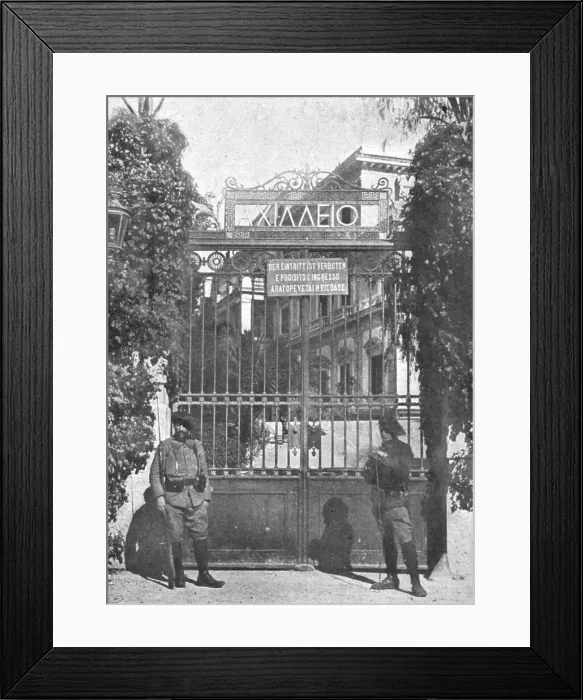 Framed Print : L'Achilleion, villa de Guillaume II, a l'occasion, base de ravitaillement de ses Sous... 1916. Creator: Robert Vaucher Framed Print : L'Achilleion, villa de Guillaume II, a l'occasion, base de ravitaillement de ses Sous... 1916. Creator: Robert Vaucher