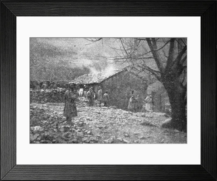 Framed Print : Episodes de la retraite de la IIIe armee; La masure albanaise ou le vieux roi Pierre... 1916. Creator: R. Marianovitch Framed Print : Episodes de la retraite de la IIIe armee; La masure albanaise ou le vieux roi Pierre... 1916. Creator: R. Marianovitch