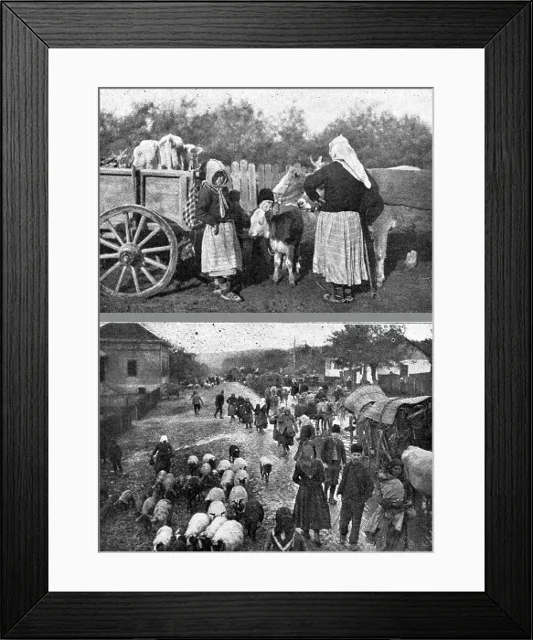 Framed Print : Au debut de l'Invasion de la Serbie. --Scenes de l'exode des populations serbes devant... 1916. Creator: R. Marianovitch Framed Print : Au debut de l'Invasion de la Serbie. --Scenes de l'exode des populations serbes devant... 1916. Creator: R. Marianovitch