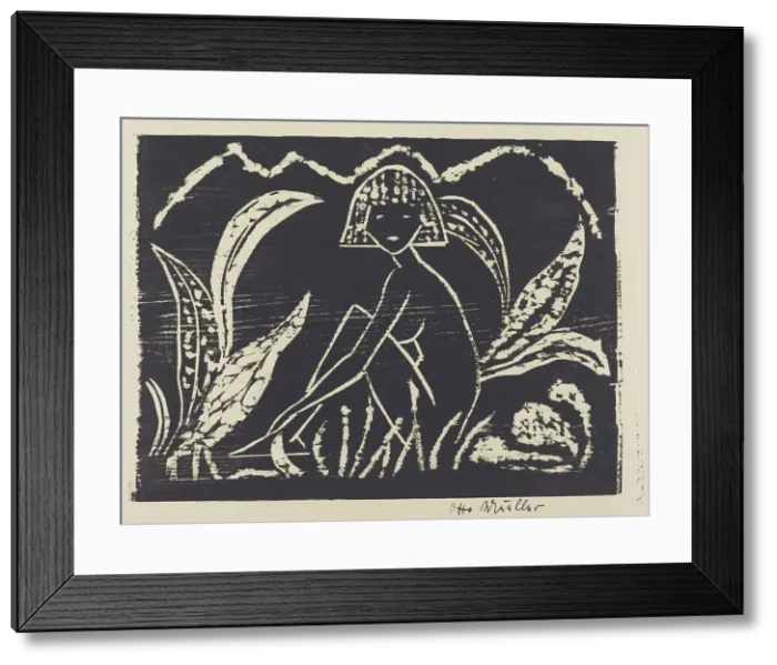 Framed Print : Nude Figure of a Girl in a Landscape (Madchenzwischen Blattpflanzen), 1912. Creator: Otto Mueller Framed Print : Nude Figure of a Girl in a Landscape (Madchenzwischen Blattpflanzen), 1912. Creator: Otto Mueller
