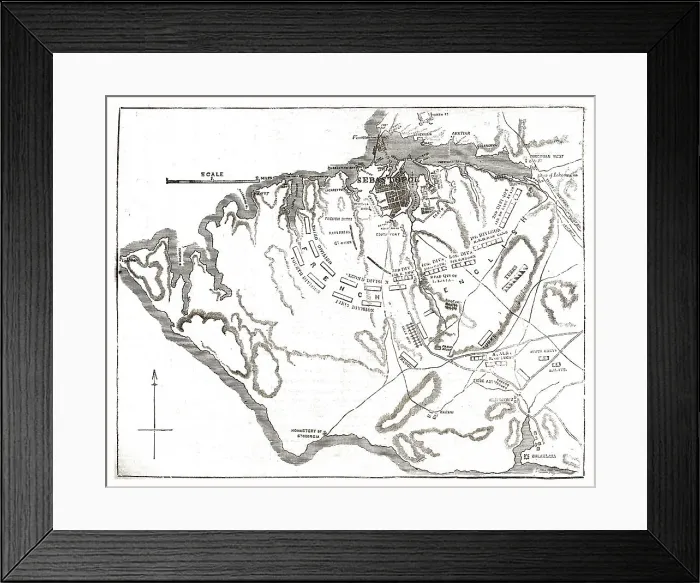 Framed Print : Chart showing the relative positions of the batteries and Allied Forces around Sebastopol, 1854. Creator: Unknown Framed Print : Chart showing the relative positions of the batteries and Allied Forces around Sebastopol, 1854. Creator: Unknown