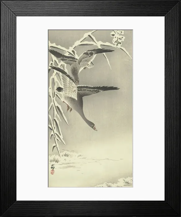 Framed Print : Two white-fronted geese in snowy landscape. Creator: Ohara, Koson (1877-1945) Framed Print : Two white-fronted geese in snowy landscape. Creator: Ohara, Koson (1877-1945)