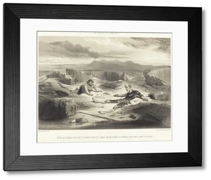 Framed Print : dieron con Sancho en el suelo y lo mismo le avinó d D. Quixote... c. 1855. Creator: Célestin Nanteuil Framed Print : dieron con Sancho en el suelo y lo mismo le avinó d D. Quixote... c. 1855. Creator: Célestin Nanteuil