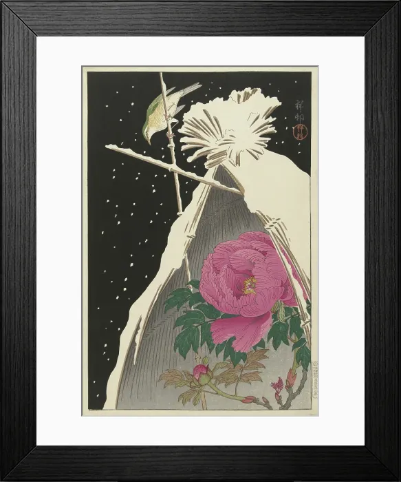 Framed Print : Siberian blue robin next to a Peony sheltered by a Snowcovered Hay Sheaf, 1925-1936. Creator: Ohara, Koson (1877-1945) Framed Print : Siberian blue robin next to a Peony sheltered by a Snowcovered Hay Sheaf, 1925-1936. Creator: Ohara, Koson (1877-1945)