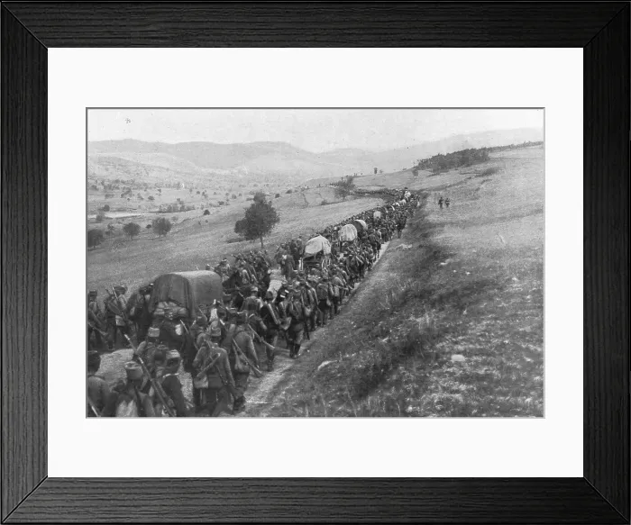 Framed Print : Les Mouvements de l'armee Serbe en Octobre; les retraite en bon ordre sur Prichtina. 1916. Creator: Vladimir Betzitch Framed Print : Les Mouvements de l'armee Serbe en Octobre; les retraite en bon ordre sur Prichtina. 1916. Creator: Vladimir Betzitch