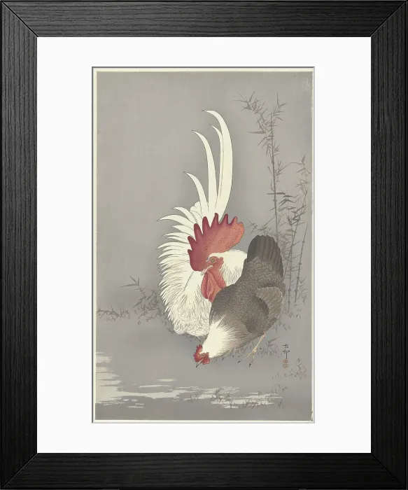 Framed Print : Rooster and chicken. Creator: Ohara, Koson (1877-1945) Framed Print : Rooster and chicken. Creator: Ohara, Koson (1877-1945)