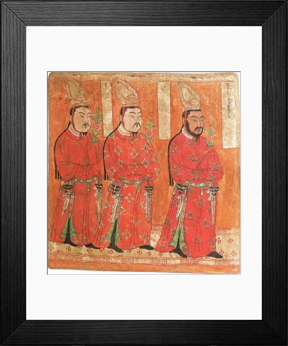 Framed Print : Uyghur Princes wearing Chinese-styled robes and headgear. (From the Bezeklik Caves), 8th-9th century Creator: Central Asian Art Framed Print : Uyghur Princes wearing Chinese-styled robes and headgear. (From the Bezeklik Caves), 8th-9th century Creator: Central Asian Art