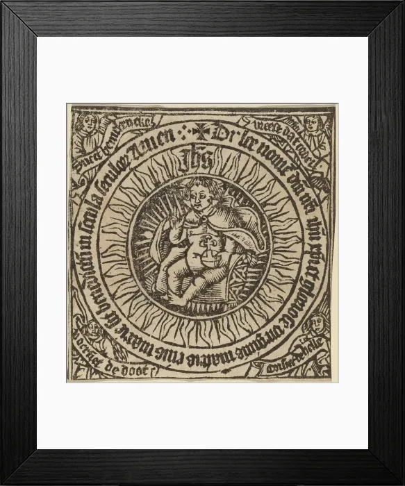 Framed Print : Divine Infant with the Globe in a Circle with Four Angels, probably c. 1500. Creator: Unknown Framed Print : Divine Infant with the Globe in a Circle with Four Angels, probably c. 1500. Creator: Unknown