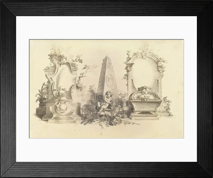 Framed Print : Cartouche Moderne with Emblems of Death. Creator: Johann Esaias Nilson Framed Print : Cartouche Moderne with Emblems of Death. Creator: Johann Esaias Nilson