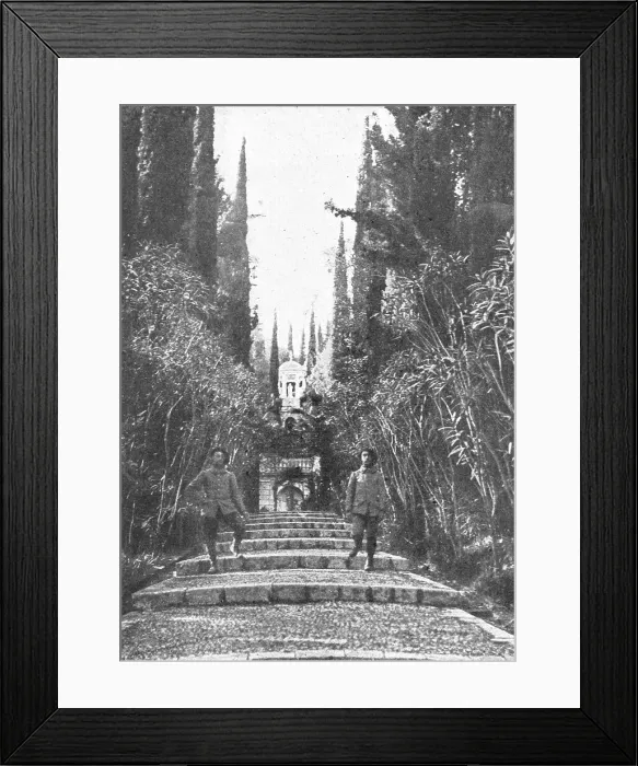 Framed Print : L'Achilleion, transforme en ambulance, est confie a la garde de nos alpins; allee en... c1916. Creator: Robert Vaucher Framed Print : L'Achilleion, transforme en ambulance, est confie a la garde de nos alpins; allee en... c1916. Creator: Robert Vaucher