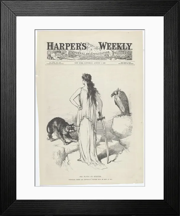 Framed Print : The Watch on Spoilers. The Democratic Tigers and Republian Vultures Must Be Kept at Bay. 1886. Creator: Thomas Nast Framed Print : The Watch on Spoilers. The Democratic Tigers and Republian Vultures Must Be Kept at Bay. 1886. Creator: Thomas Nast