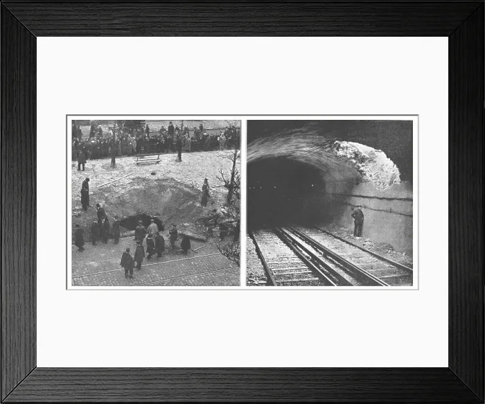 Framed Print : Un Zeppelin sur Paris; Un trou dans la voute du Metropolitain : aspects exterieur et... 1916. Creator: Gorce Framed Print : Un Zeppelin sur Paris; Un trou dans la voute du Metropolitain : aspects exterieur et... 1916. Creator: Gorce