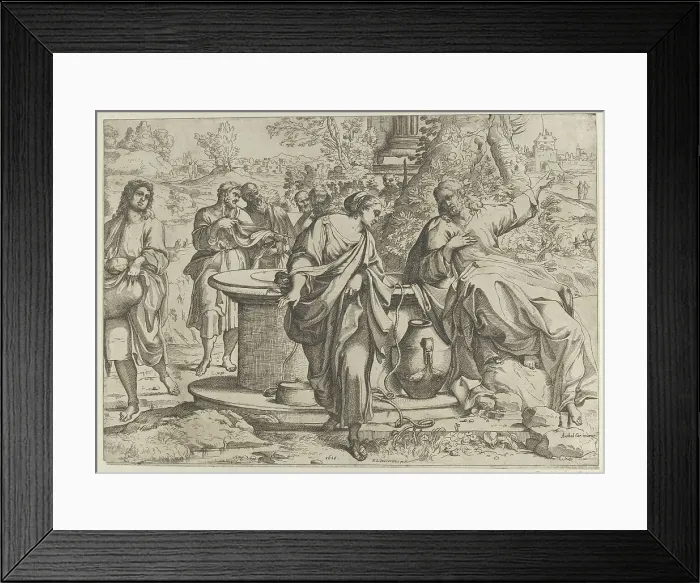 Framed Print : The Samaritan woman standing at the well, Christ seated next to her pointing to the right... 1610. Creator: Anon Framed Print : The Samaritan woman standing at the well, Christ seated next to her pointing to the right... 1610. Creator: Anon
