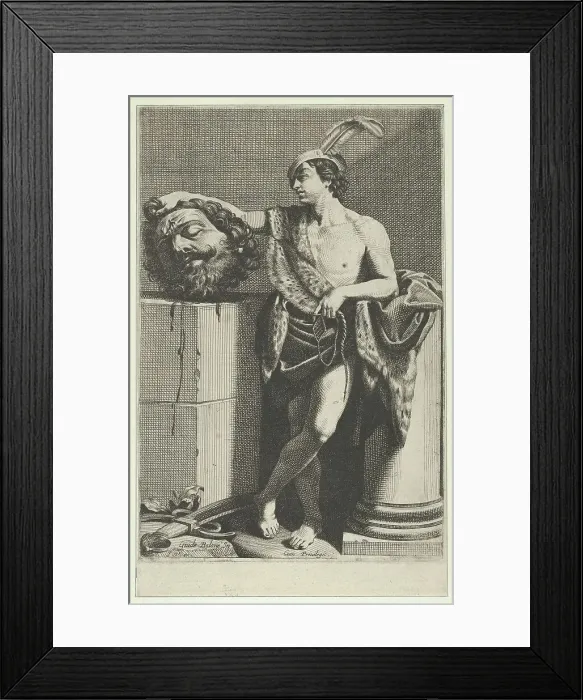 Framed Print : David standing with crossed legs and holding the head of Goliath on a pedestal at lef... 1600-1700. Creator: Anon Framed Print : David standing with crossed legs and holding the head of Goliath on a pedestal at lef... 1600-1700. Creator: Anon