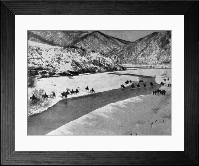 Framed Print : Sur les deux routes de la retraite Serbe; A travers l'Albanie : passage a gue du Drin... 1916. Creator: R. Marianovitch Framed Print : Sur les deux routes de la retraite Serbe; A travers l'Albanie : passage a gue du Drin... 1916. Creator: R. Marianovitch