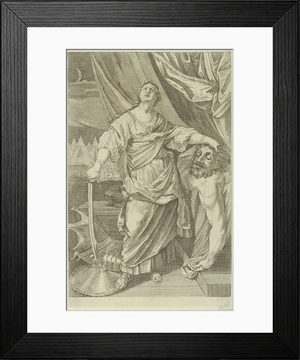 Framed Print : Judith standing and looking up, holding the head of Holofernes in her left hand and a... 1650-1750. Creator: Anon Framed Print : Judith standing and looking up, holding the head of Holofernes in her left hand and a... 1650-1750. Creator: Anon