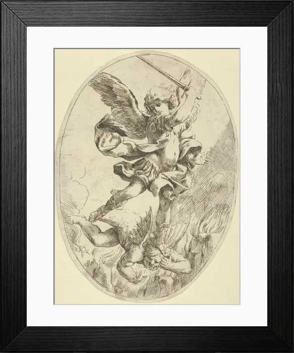 Framed Print : The winged archangel Saint Michael holding a sword and standing on the head of the devil, 1600-1640. Creator: Anon Framed Print : The winged archangel Saint Michael holding a sword and standing on the head of the devil, 1600-1640. Creator: Anon