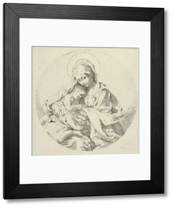 Framed Print : The Virgin holding the infant Christ, a circular composition, after Reni, ca. 1600-1640. Creator: Anon Framed Print : The Virgin holding the infant Christ, a circular composition, after Reni, ca. 1600-1640. Creator: Anon