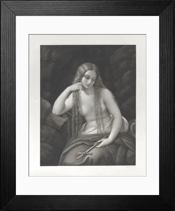 Framed Print : The penitent Mary Magdalene in the wilderness, holding a cross in her left hand, 1830-83. Creators: Luigi Boscolo, Niccolò Schiavonetti Framed Print : The penitent Mary Magdalene in the wilderness, holding a cross in her left hand, 1830-83. Creators: Luigi Boscolo, Niccolò Schiavonetti