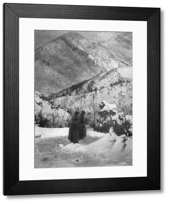Framed Print : Dans le sentier de l'exil; Soutenu par son aide de camp, le roi Pierre de Serbie traverse... 1916. Creator: R. Marianovitch Framed Print : Dans le sentier de l'exil; Soutenu par son aide de camp, le roi Pierre de Serbie traverse... 1916. Creator: R. Marianovitch