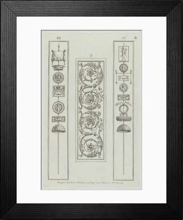 Framed Print : Panels of Ornament, nos. IIII-VI ('Designs for Various Ornaments, pl. 2), May 1, 1777. Creator: Michelangelo Pergolesi. Panels of Ornament, nos. IIII-VI ('Designs for Various Ornaments, pl. 2), May 1, 1777 Framed Print : Panels of Ornament, nos. IIII-VI ('Designs for Various Ornaments, pl. 2), May 1, 1777. Creator: Michelangelo Pergolesi. Panels of Ornament, nos. IIII-VI ('Designs for Various Ornaments, pl. 2), May 1, 1777