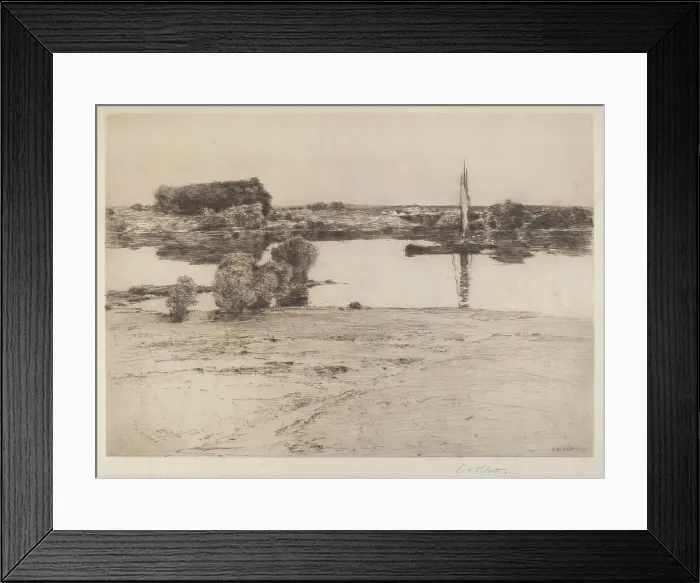 Framed Print : Untitled (River Scene with Boat), 1891. Creator: Charles A Platt Framed Print : Untitled (River Scene with Boat), 1891. Creator: Charles A Platt