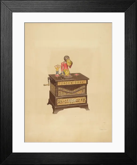 Framed Print : Toy Bank: Monkey and Hurdy-Gurdy, c. 1939. Creator: Parker Cushman Framed Print : Toy Bank: Monkey and Hurdy-Gurdy, c. 1939. Creator: Parker Cushman