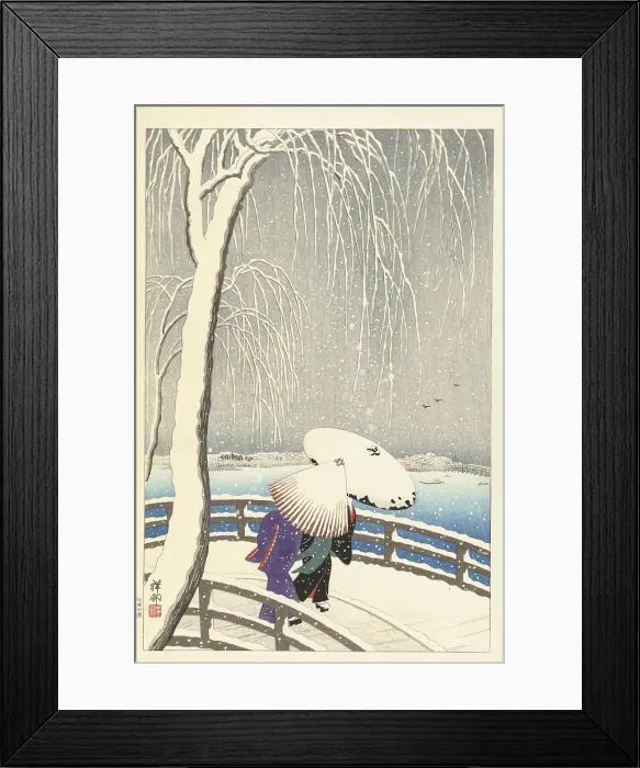 Framed Print : In the snow at Yanagibashi, 1927. Creator: Ohara, Koson (1877-1945) Framed Print : In the snow at Yanagibashi, 1927. Creator: Ohara, Koson (1877-1945)