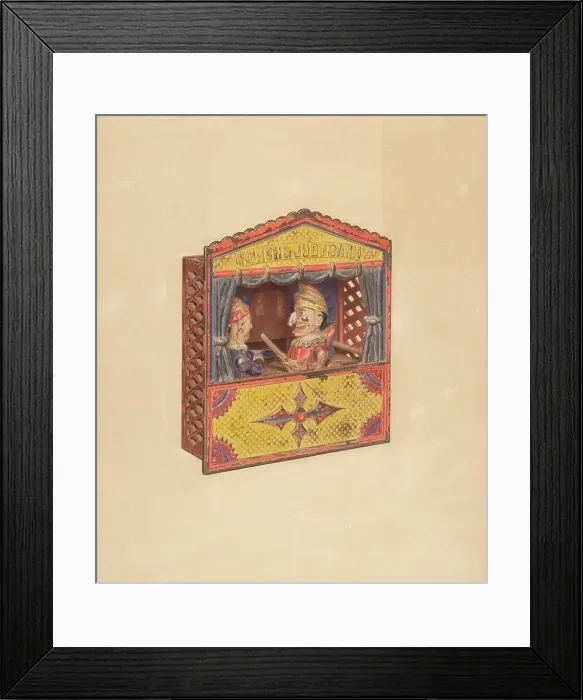 Framed Print : Punch and Judy Penny Bank, c. 1939. Creator: Parker Cushman Framed Print : Punch and Judy Penny Bank, c. 1939. Creator: Parker Cushman