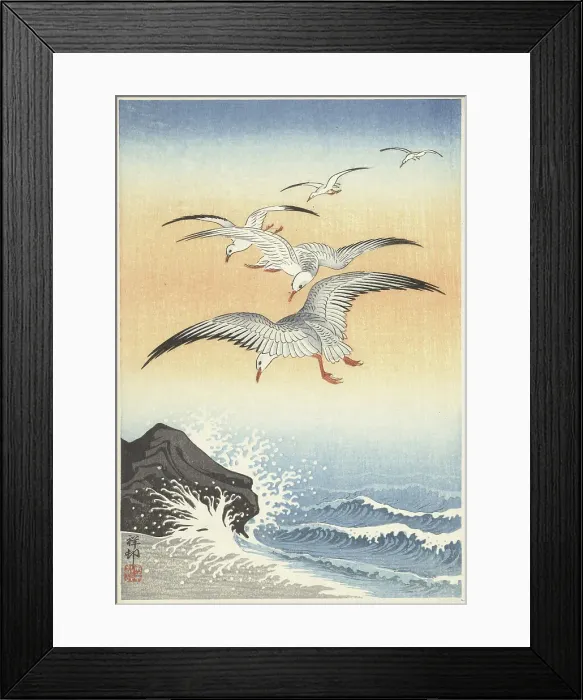 Framed Print : Five seagulls above turbulent sea, Between 1910 and 1920. Creator: Ohara, Koson (1877-1945) Framed Print : Five seagulls above turbulent sea, Between 1910 and 1920. Creator: Ohara, Koson (1877-1945)