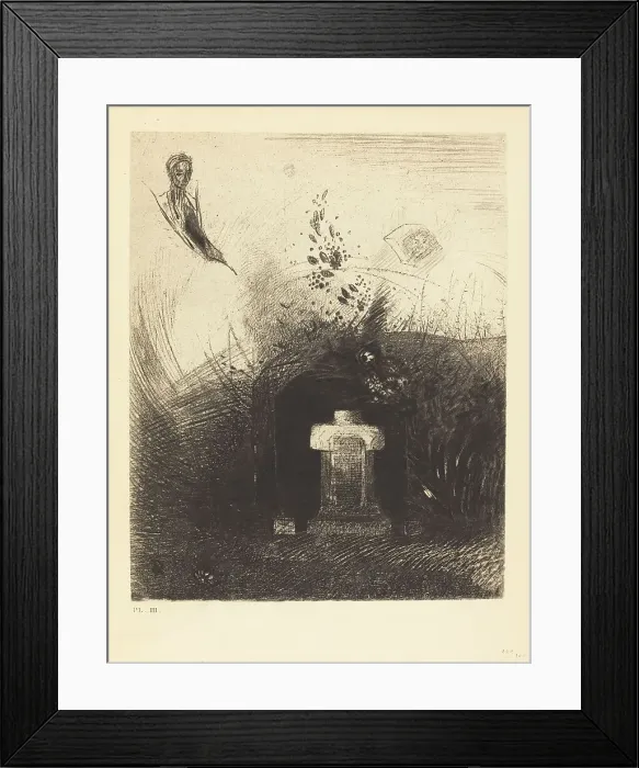 Framed Print : Si par une nuit lourde et sombre, un bon chretien, par charite, derriere quelque vieux... 1890. Creator: Odilon Redon Framed Print : Si par une nuit lourde et sombre, un bon chretien, par charite, derriere quelque vieux... 1890. Creator: Odilon Redon
