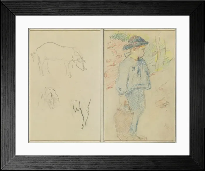 Framed Print : Three Studies of a Pig; Breton Boy Walking with a Jug [recto], 1884-1888. Creator: Paul Gauguin