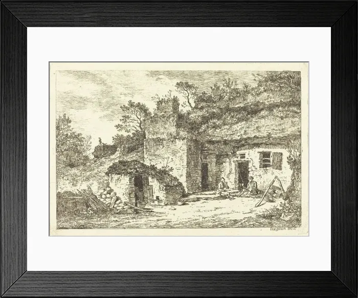 Framed Print : A Cottage with Two Men Seated at the Doorway, c. 1770. Creator: Nicolas Perignon Framed Print : A Cottage with Two Men Seated at the Doorway, c. 1770. Creator: Nicolas Perignon