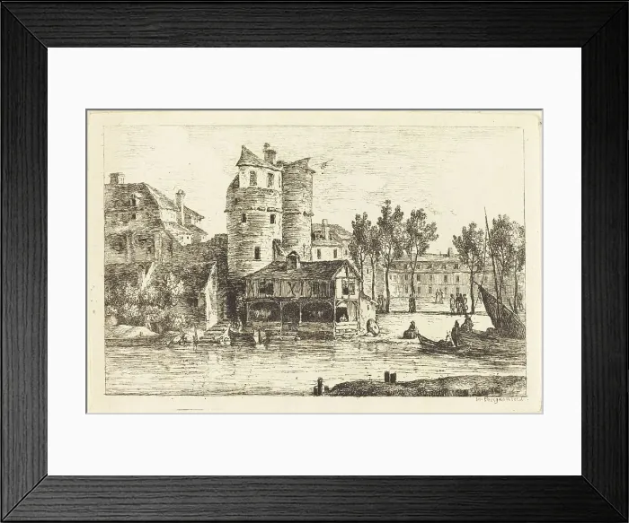 Framed Print : Town on a River Bank with Two Round Towers, c. 1770. Creator: Nicolas Perignon Framed Print : Town on a River Bank with Two Round Towers, c. 1770. Creator: Nicolas Perignon