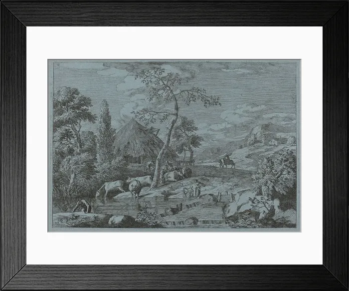Framed Print : Cattle and Figures at a Farmyard Stream. Creator: Marco Ricci