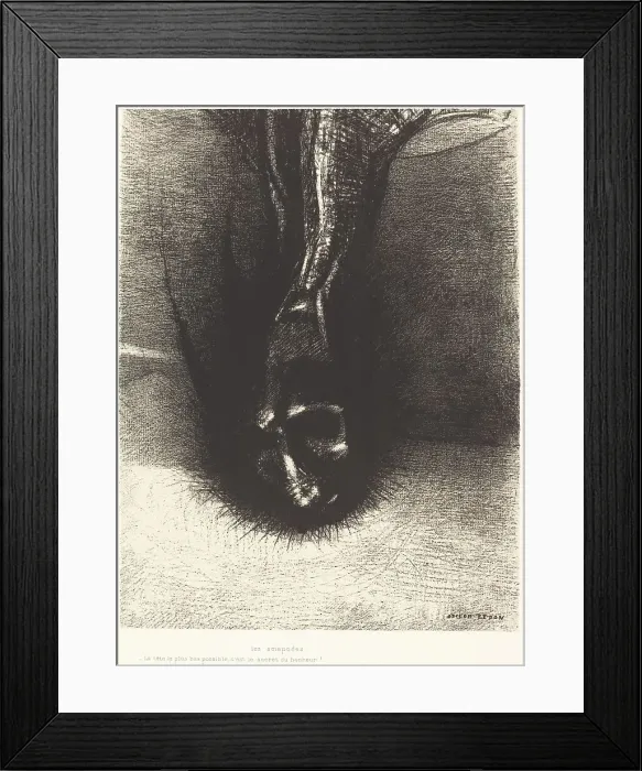 Framed Print : Les Sciapodes: La tete le plus bas possible, c'est le secret du bonheur! (The Skiapods...), 1889. Creator: Odilon Redon Framed Print : Les Sciapodes: La tete le plus bas possible, c'est le secret du bonheur! (The Skiapods...), 1889. Creator: Odilon Redon