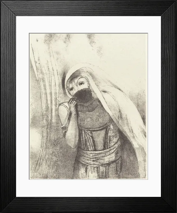 Framed Print : Elle tire de sa poitrine une eponge toute noire, la couvre de baisers (She draws from... 1896. Creator: Odilon Redon) Framed Print : Elle tire de sa poitrine une eponge toute noire, la couvre de baisers (She draws from... 1896. Creator: Odilon Redon)