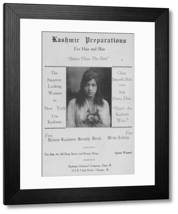Framed Print : Kashmir preparations for hair and skin; Kashmir Chemical Company, Dept. R.; 312 S... 1918-1922. Creator: Unknown Framed Print : Kashmir preparations for hair and skin; Kashmir Chemical Company, Dept. R.; 312 S... 1918-1922. Creator: Unknown