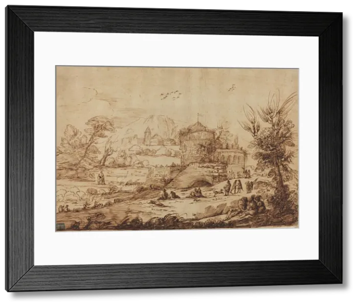 Framed Print : Landscape with Fortress and River, second half 18th century. Creator: Guercino Framed Print : Landscape with Fortress and River, second half 18th century. Creator: Guercino