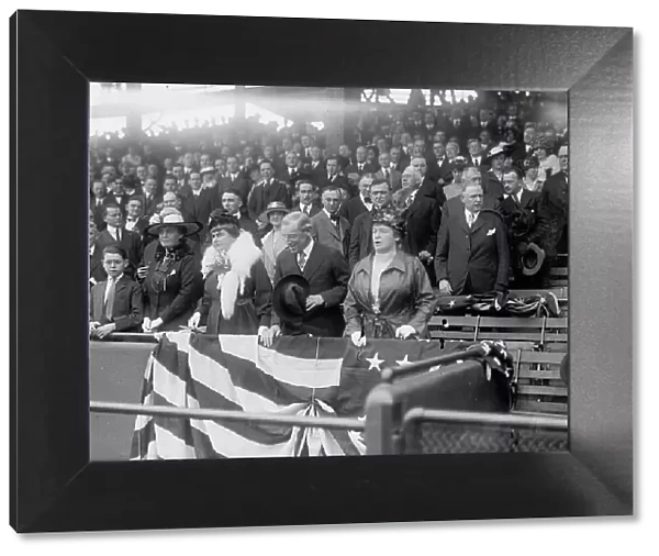 President Woodrow Wilson and wife Ellen Axson Wilson, Mrs. Willoughbys Chesley, Baseball, 1917. Creator: Harris & Ewing. President Woodrow Wilson and wife Ellen Axson Wilson, Mrs. Willoughbys Chesley, Baseball, 1917. Creator: Harris & Ewing