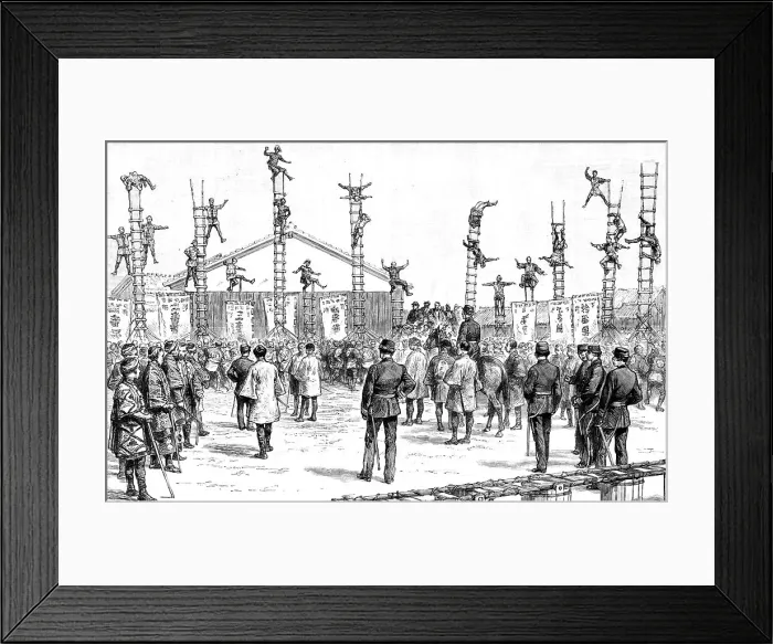 Framed Print : The Japanese Fire Brigade; Japanese Firemen at their Exercise, 1891. Creator: Unknown Framed Print : The Japanese Fire Brigade; Japanese Firemen at their Exercise, 1891. Creator: Unknown
