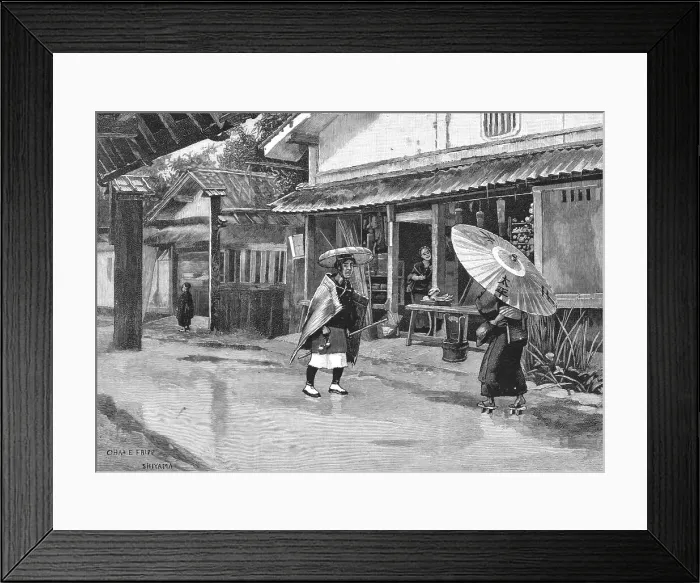 Framed Print : A Rainy Day in Japan, 1891. Creators: Unknown, Charles Edwin Fripp Framed Print : A Rainy Day in Japan, 1891. Creators: Unknown, Charles Edwin Fripp